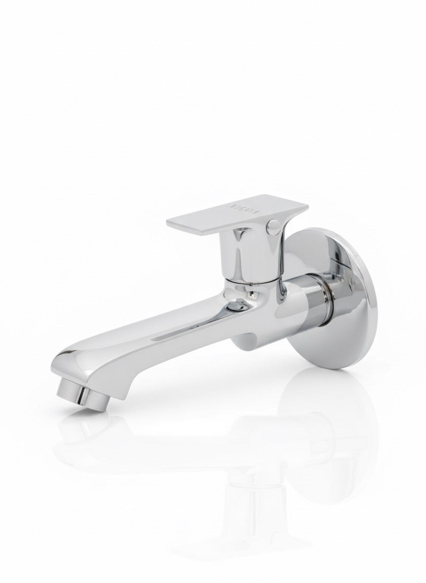XARA Dvine Long Body Wall Mount Tap, Chrome Plated Brass, Quarter Turn Brass Handle with Flange| for Bathroom and Kitchen