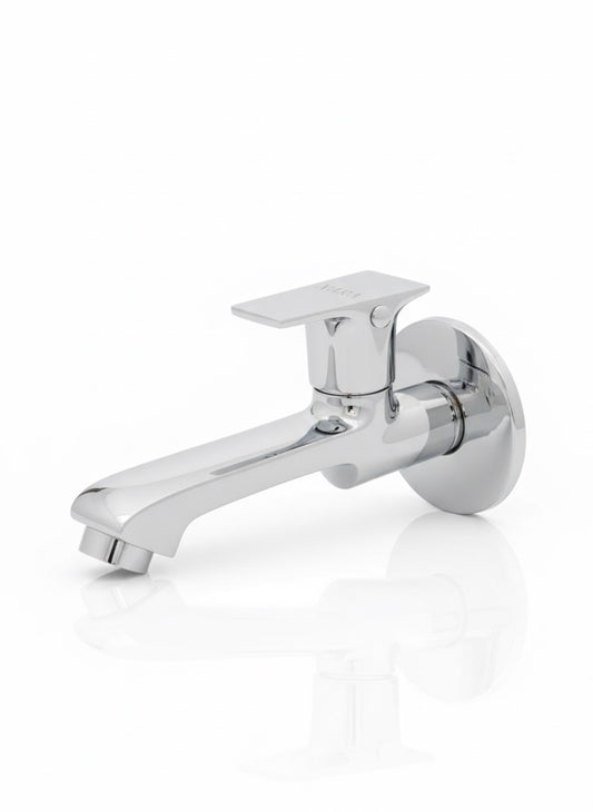XARA Dvine Long Body Wall Mount Tap, Chrome Plated Brass, Quarter Turn Brass Handle with Flange| for Bathroom and Kitchen