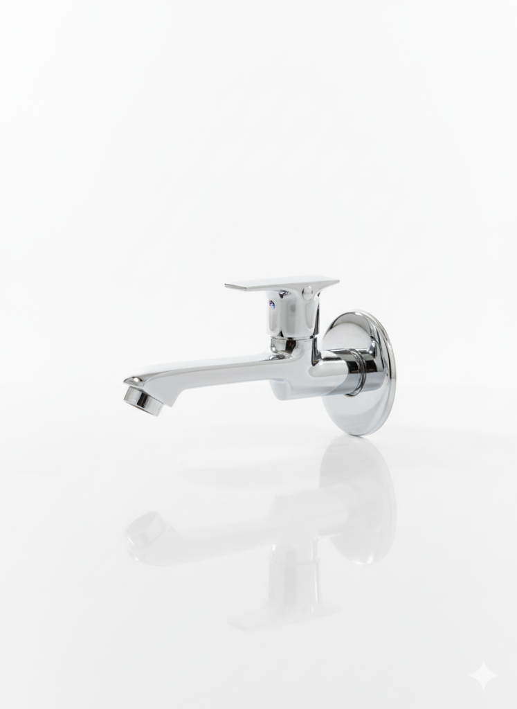 XARA Dvine Long Body Wall Mount Tap, Chrome Plated Brass, Quarter Turn Brass Handle with Flange| for Bathroom and Kitchen