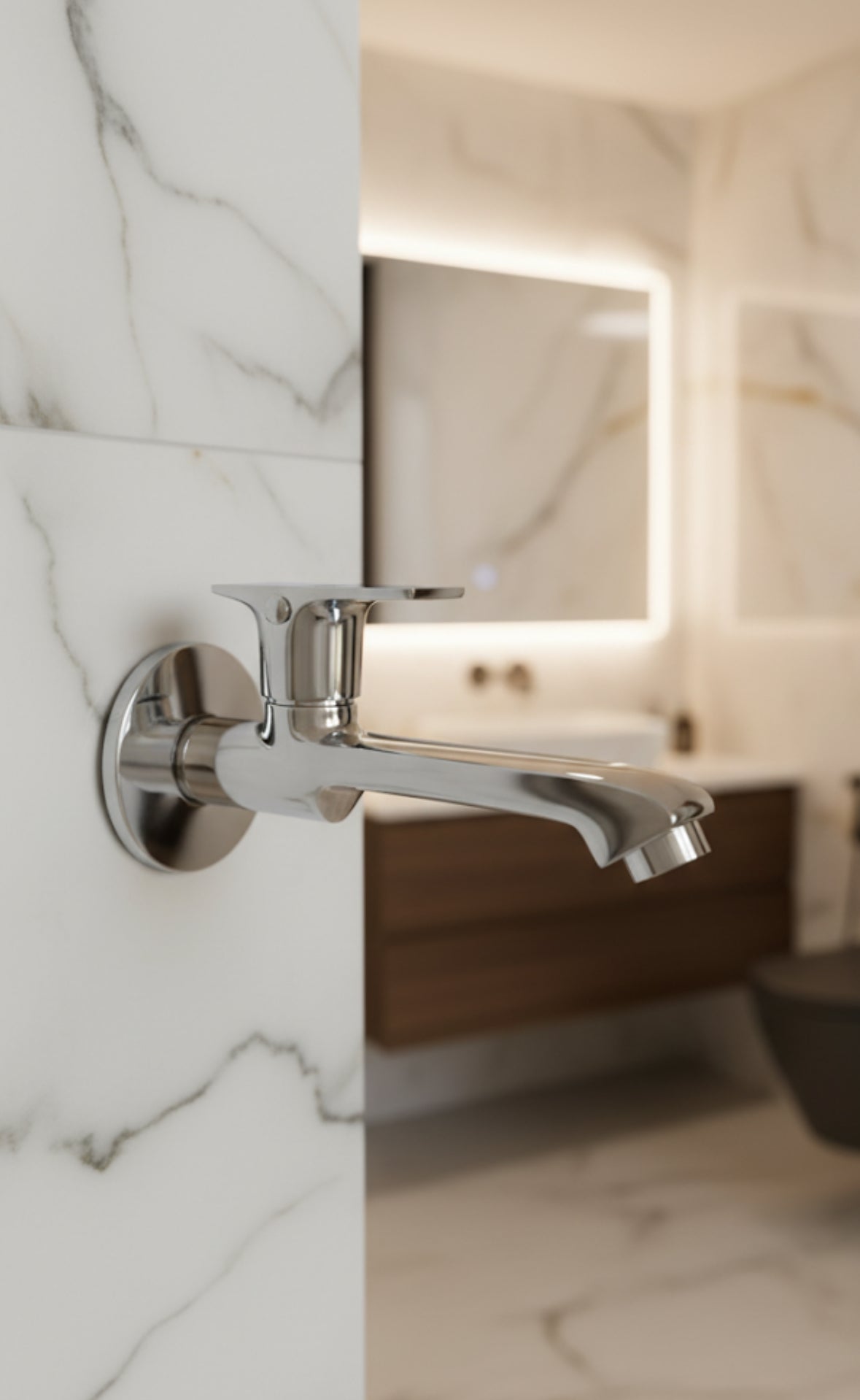 XARA Dvine Long Body Wall Mount Tap, Chrome Plated Brass, Quarter Turn Brass Handle with Flange| for Bathroom and Kitchen