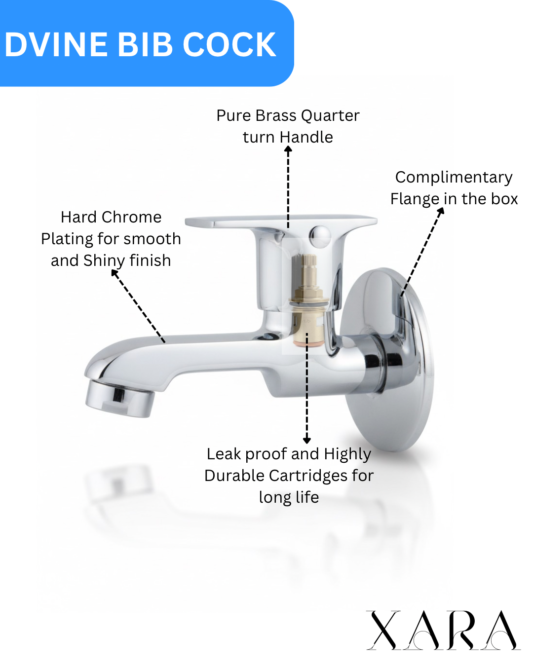 XARA Dvine Bib Cock Tap, Pure Brass with Chrome Plating, Quarter Turn Brass Handle, Leak-Proof Cartridge with complimentary Flange | for Bathroom and Kitchen
