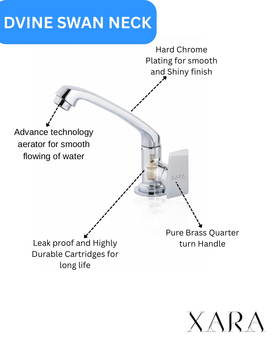 XARA Dvine Swan Neck Bathroom Faucet, Chrome Plated, Brass Handle with Advanced AeratorTechnology |For Washbasins And Kitchen Sinks