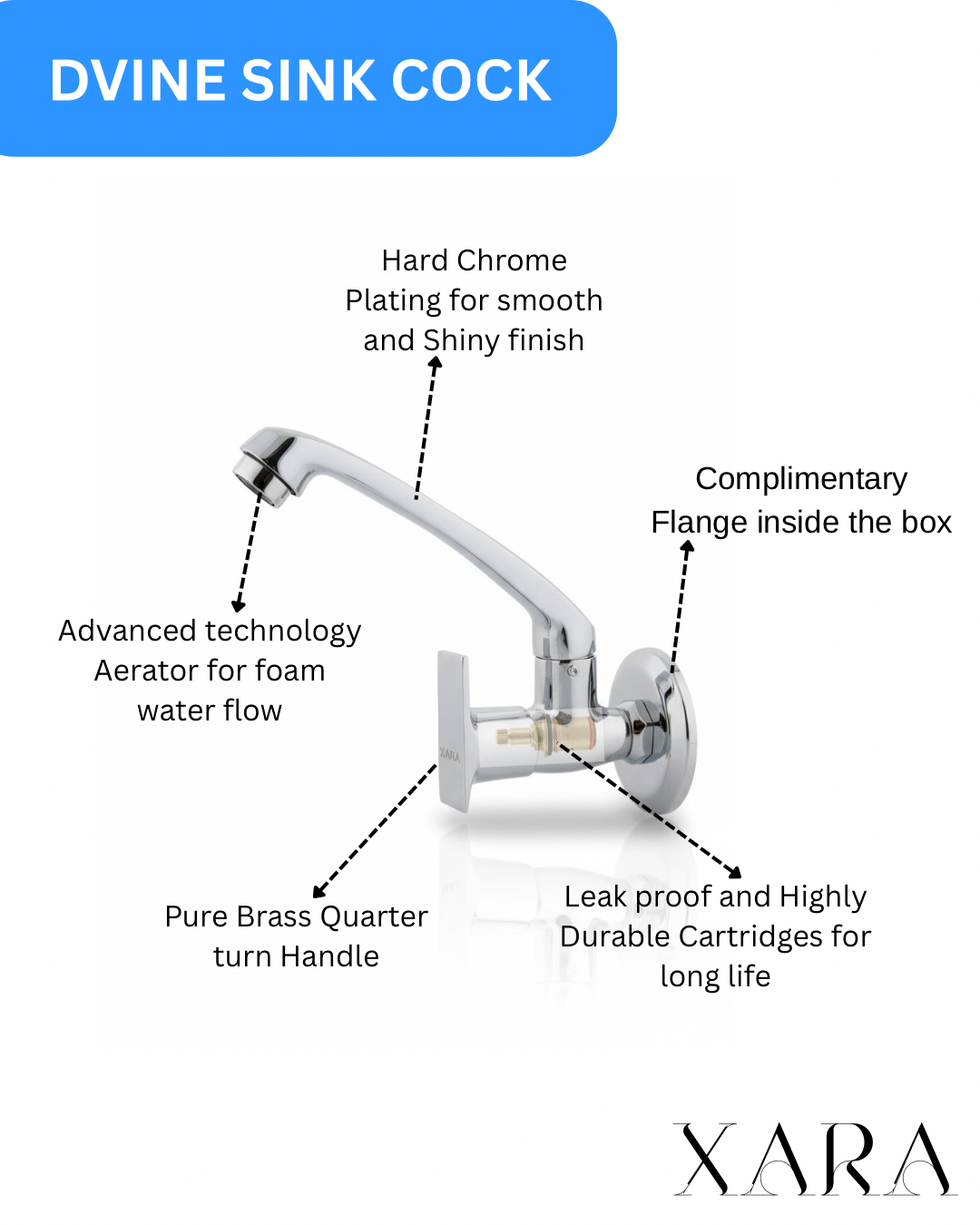 Xara Divine Sink Cock, Chrome Plated Brass,Advanced Aerator, Quarter Turn Handle | For Kitchen SInks