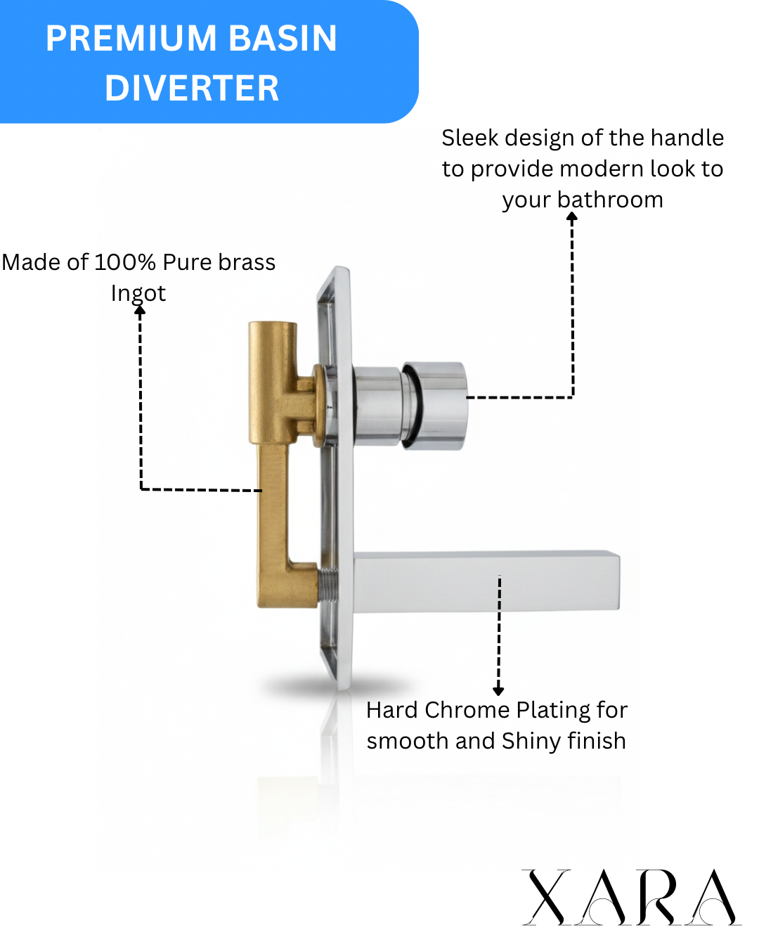 XARA Premium Basin Diverter (With Upper Part), With Heavy Spout, Pure Brass With Leak Proof Cartridge | For Washbasins.Tabletops and Vanity Cabinets