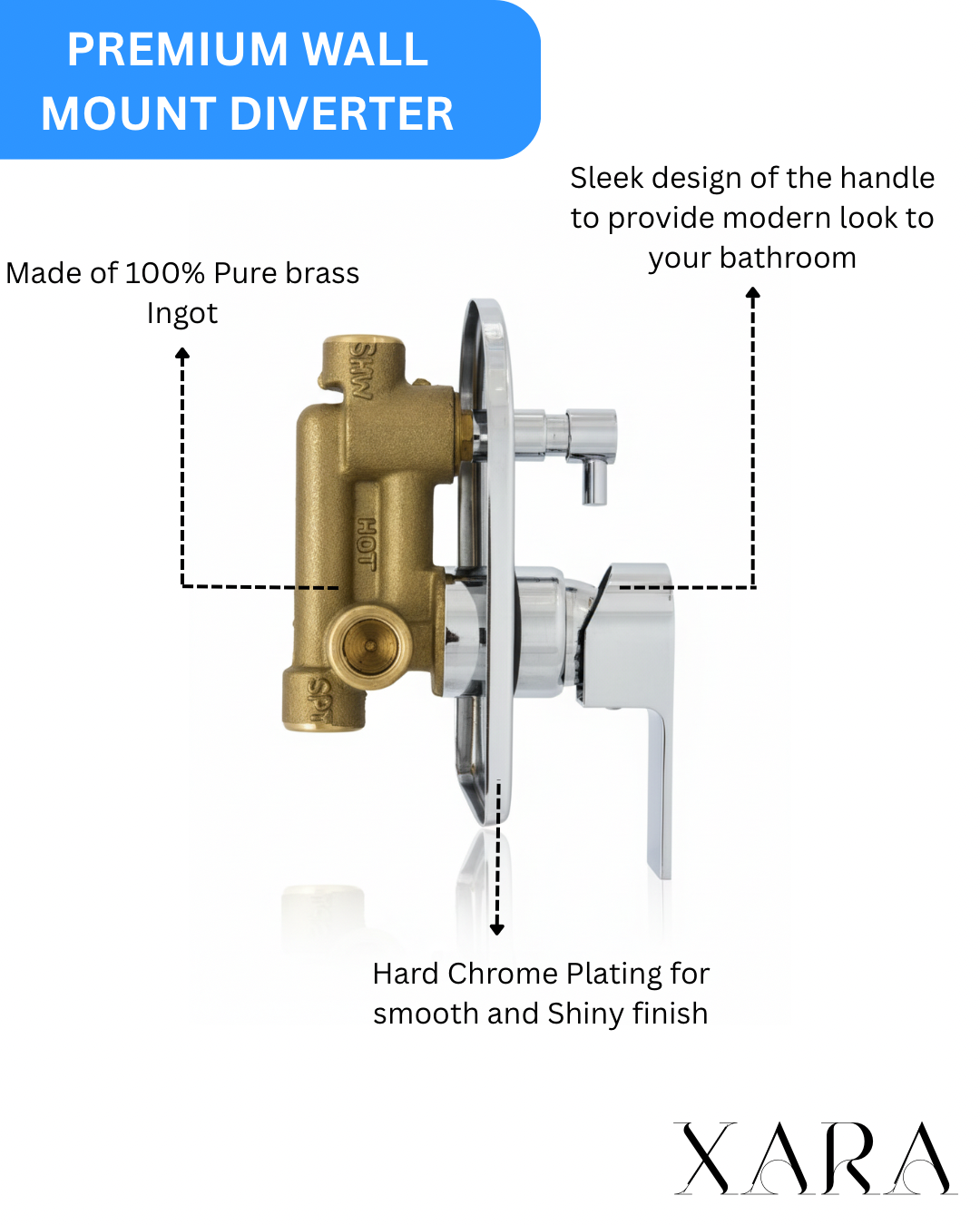 XARA Wall Mount Basin Diverter (With Upper Part) , Pure Brass, With Leak-Proof Cartridges | For Bathrooms And Shower Panels