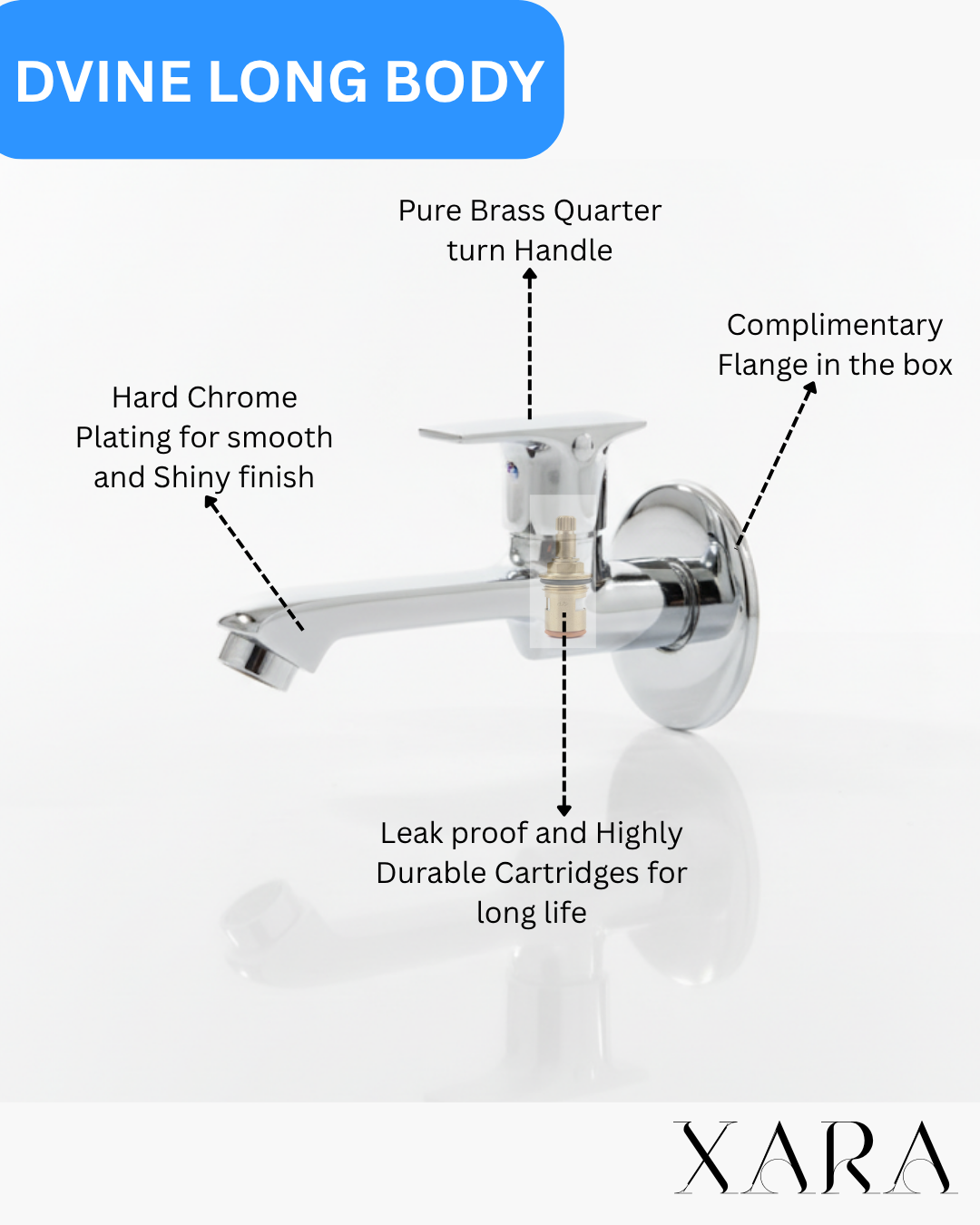 XARA Dvine Long Body Wall Mount Tap, Chrome Plated Brass, Quarter Turn Brass Handle with Flange| for Bathroom and Kitchen